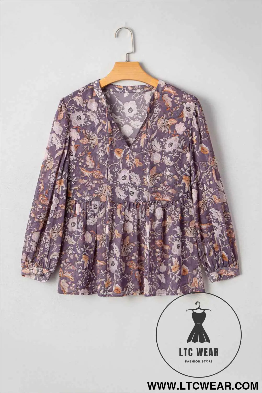 Blue Boho Floral Print 3/4 Sleeve Babydoll Blouse