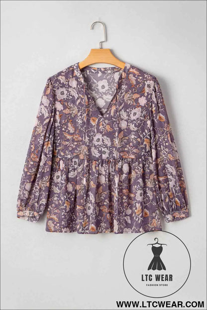 Blue Boho Floral Print 3/4 Sleeve Babydoll Blouse