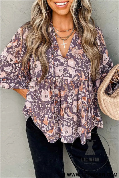 Blue Boho Floral Print 3/4 Sleeve Babydoll Blouse