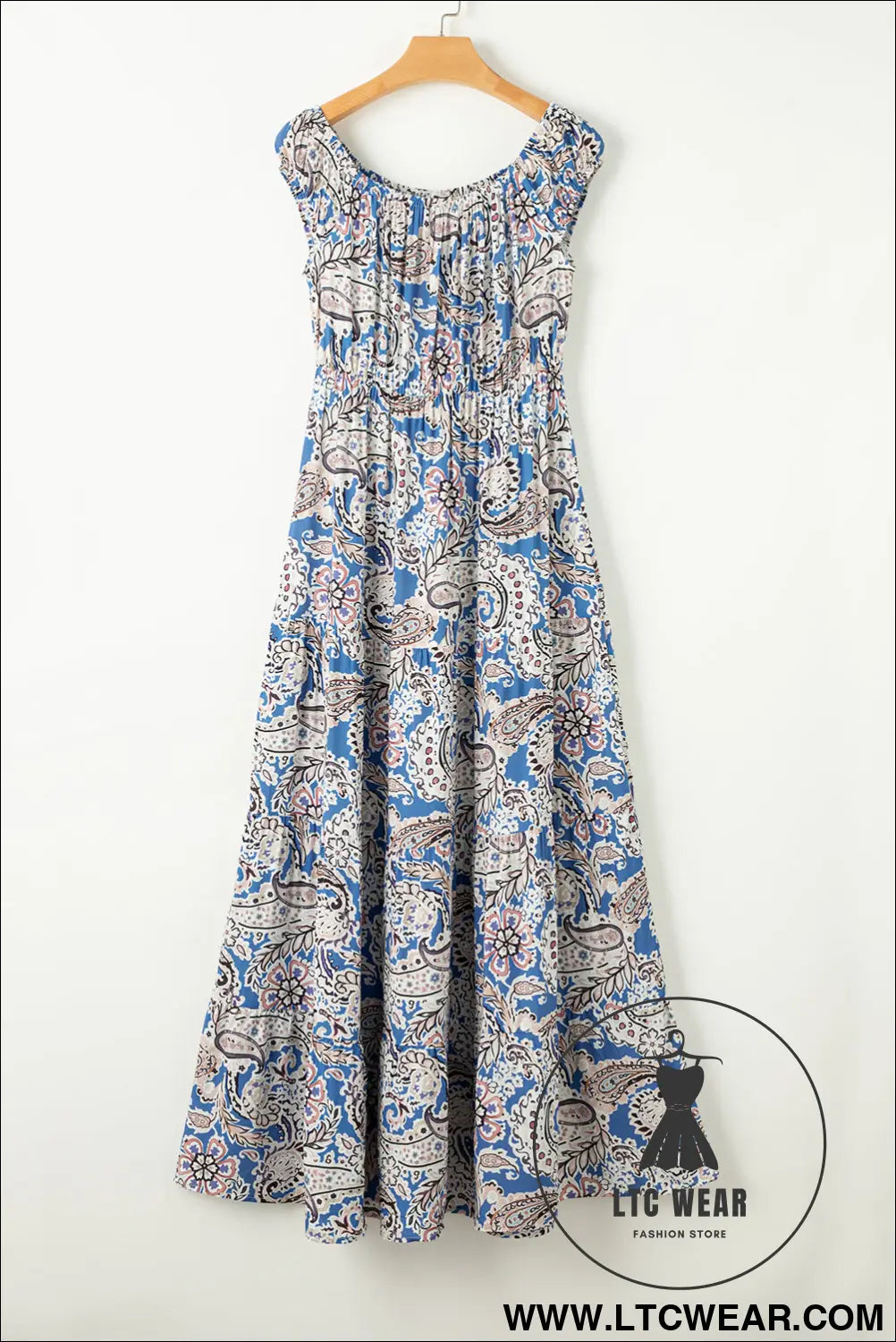 Blue Boho Paisley Print Off Shoulder Maxi Dress - L.T.C Wear Online Fashion Store