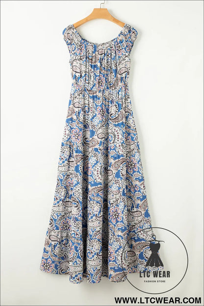 Blue Boho Paisley Print Off Shoulder Maxi Dress - L.T.C Wear Online Fashion Store