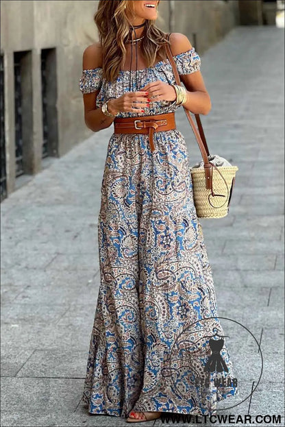 Blue Boho Paisley Print Off Shoulder Maxi Dress