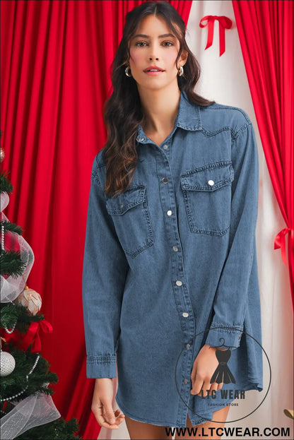 Blue chest pocket raw hem denim loose shirt dress - blue / l / 100% cotton - mini dresses