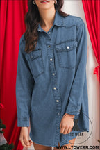 Blue chest pocket raw hem denim loose shirt dress - mini dresses