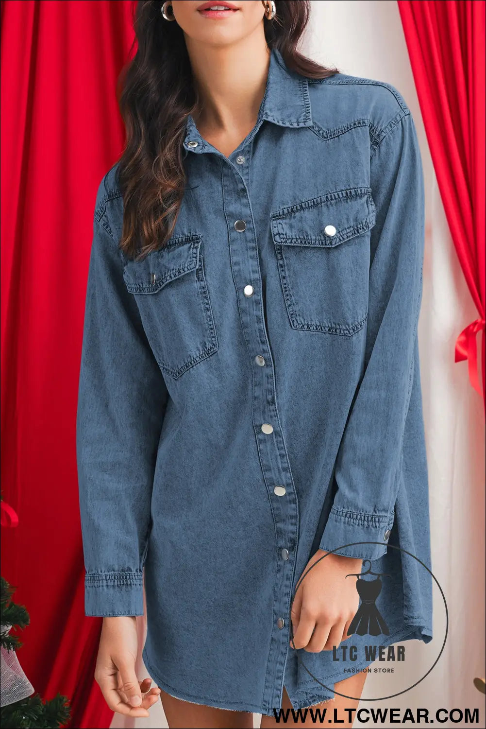 Blue chest pocket raw hem denim loose shirt dress - mini dresses