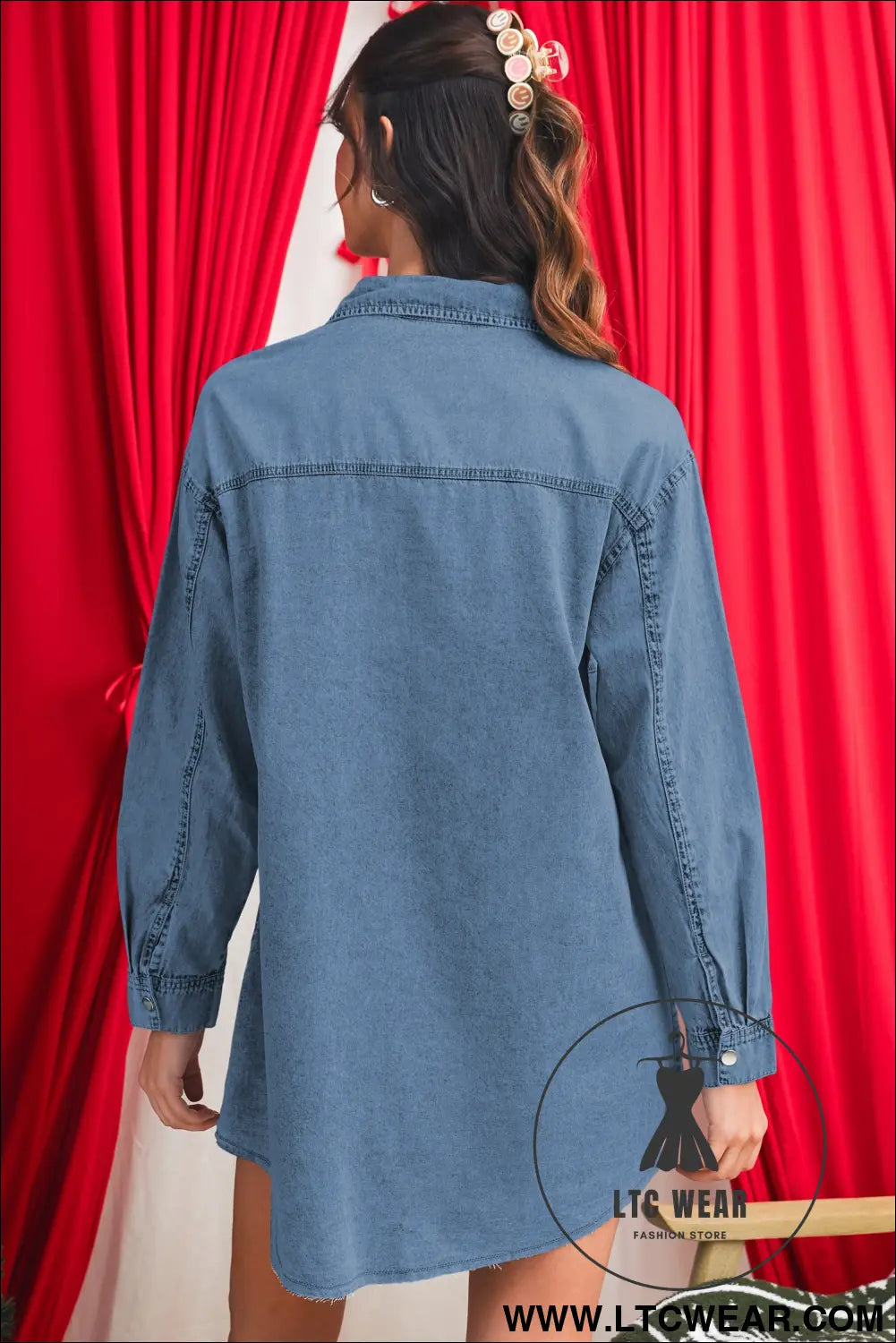 Blue chest pocket raw hem denim loose shirt dress - mini dresses