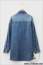 Blue chest pocket raw hem denim loose shirt dress - mini dresses