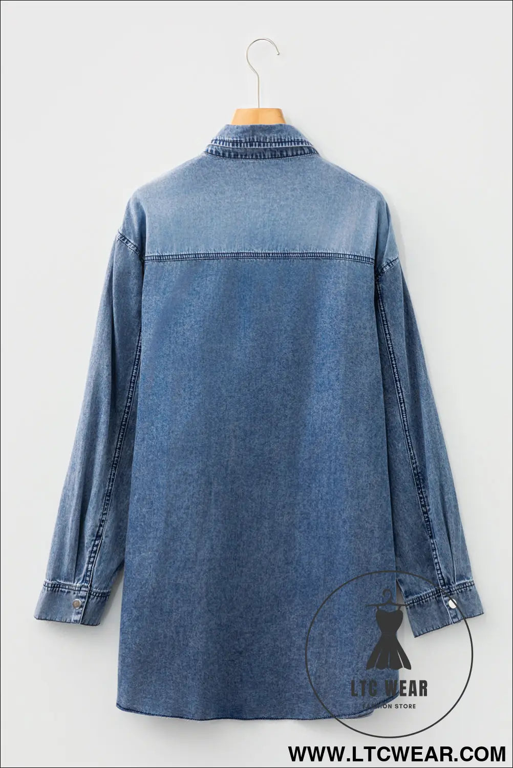 Blue chest pocket raw hem denim loose shirt dress - mini dresses