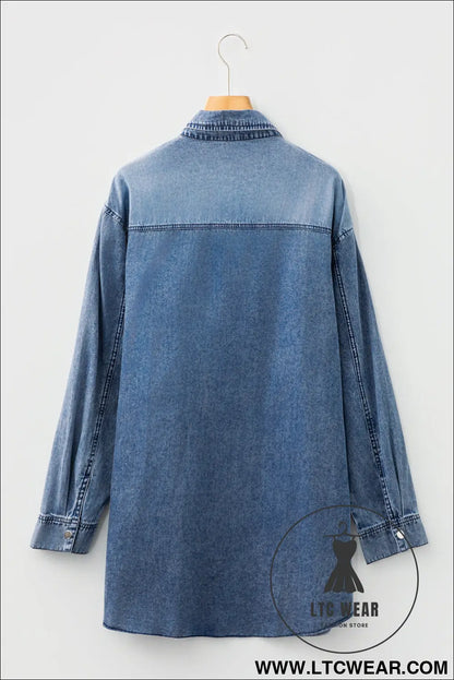 Blue chest pocket raw hem denim loose shirt dress - mini dresses
