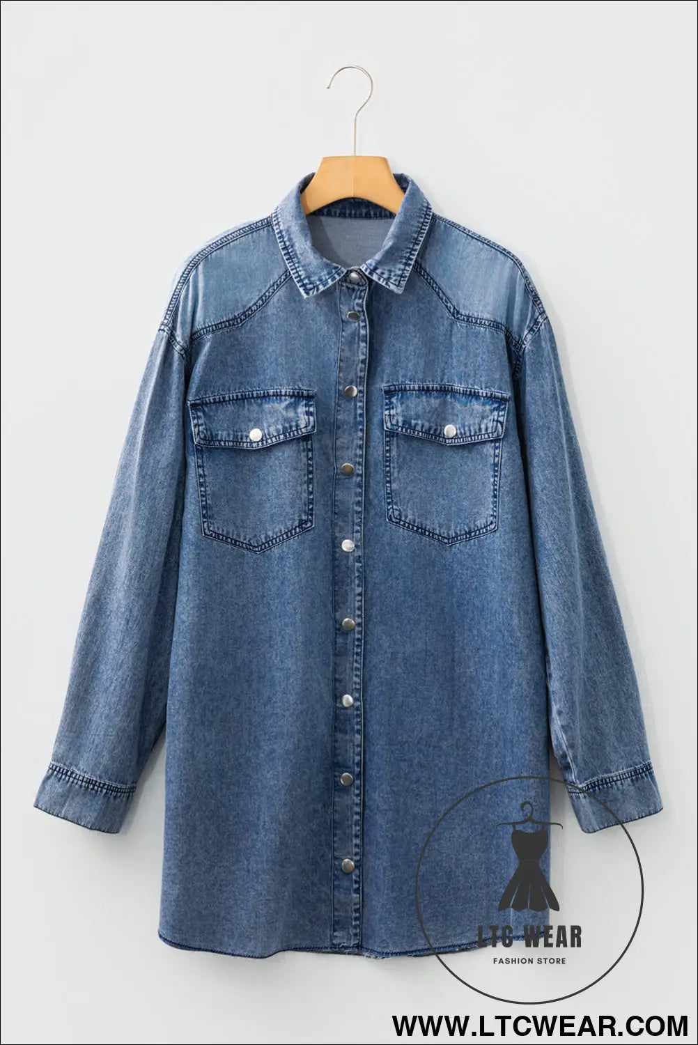 Blue chest pocket raw hem denim loose shirt dress - mini dresses