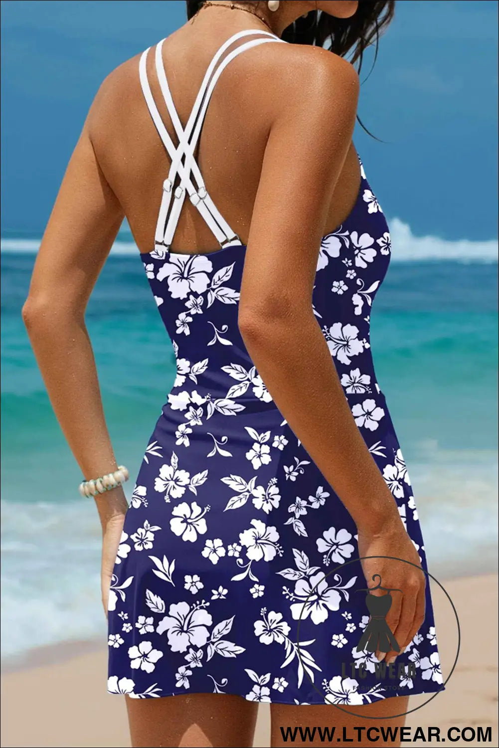 Blue Crossed Back Floral Print Asymmetric Knot Side One Piece Swimsuit