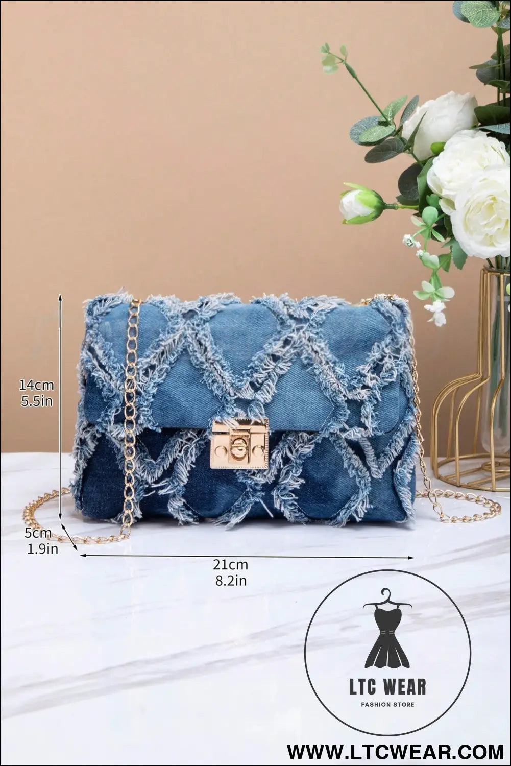 Blue Distressed Lattice Denim Chain Strap Shoulder Bag - L.T.C Wear Online Fashion Store