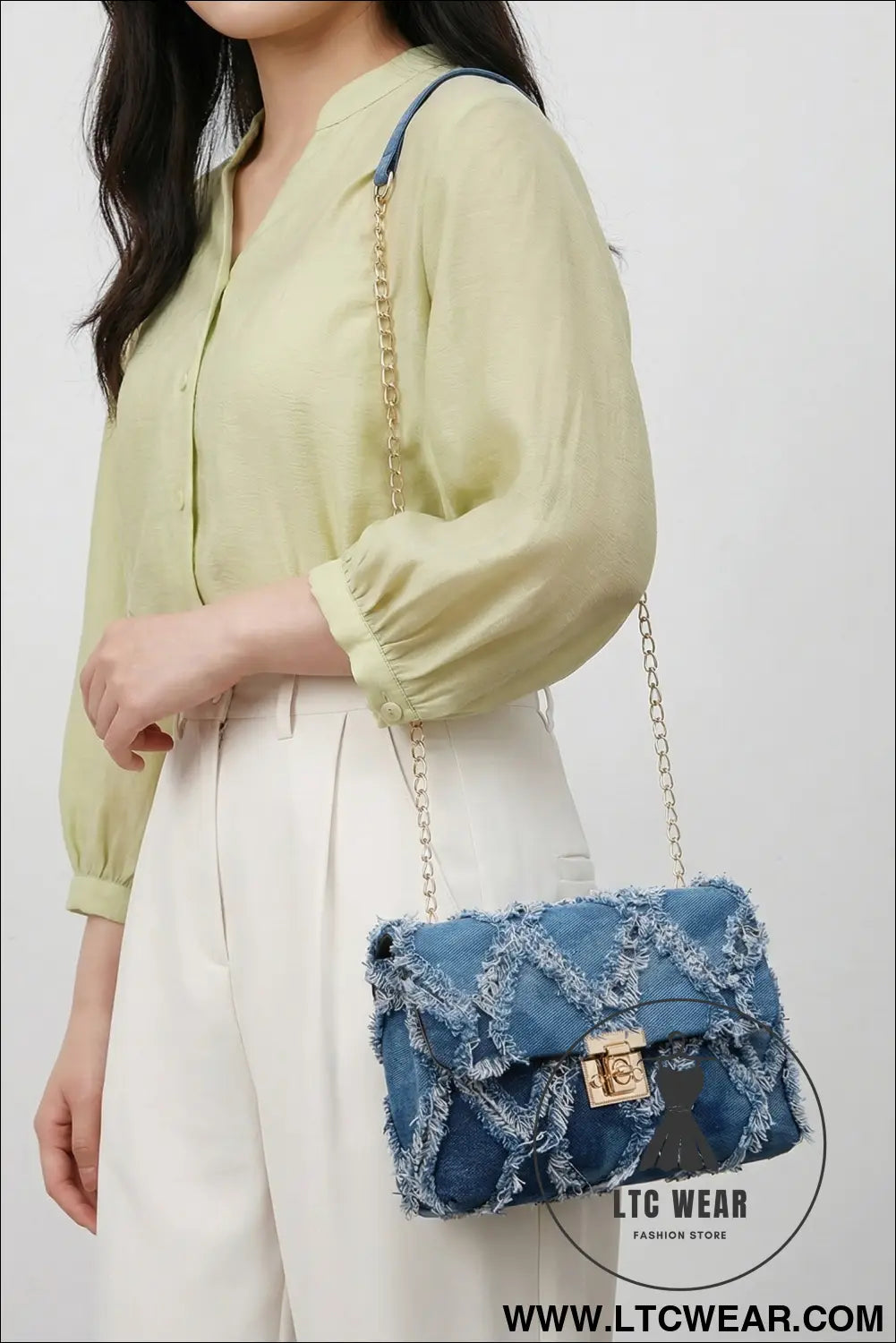 Blue Distressed Lattice Denim Chain Strap Shoulder Bag - L.T.C Wear Online Fashion Store