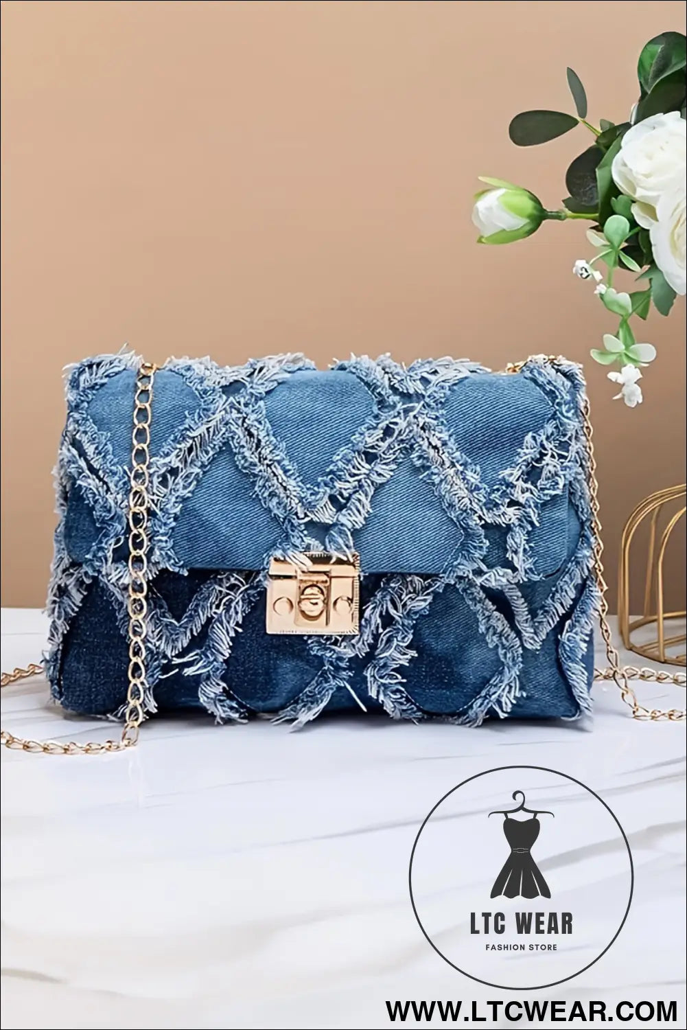 Blue Distressed Lattice Denim Chain Strap Shoulder Bag - L.T.C Wear Online Fashion Store