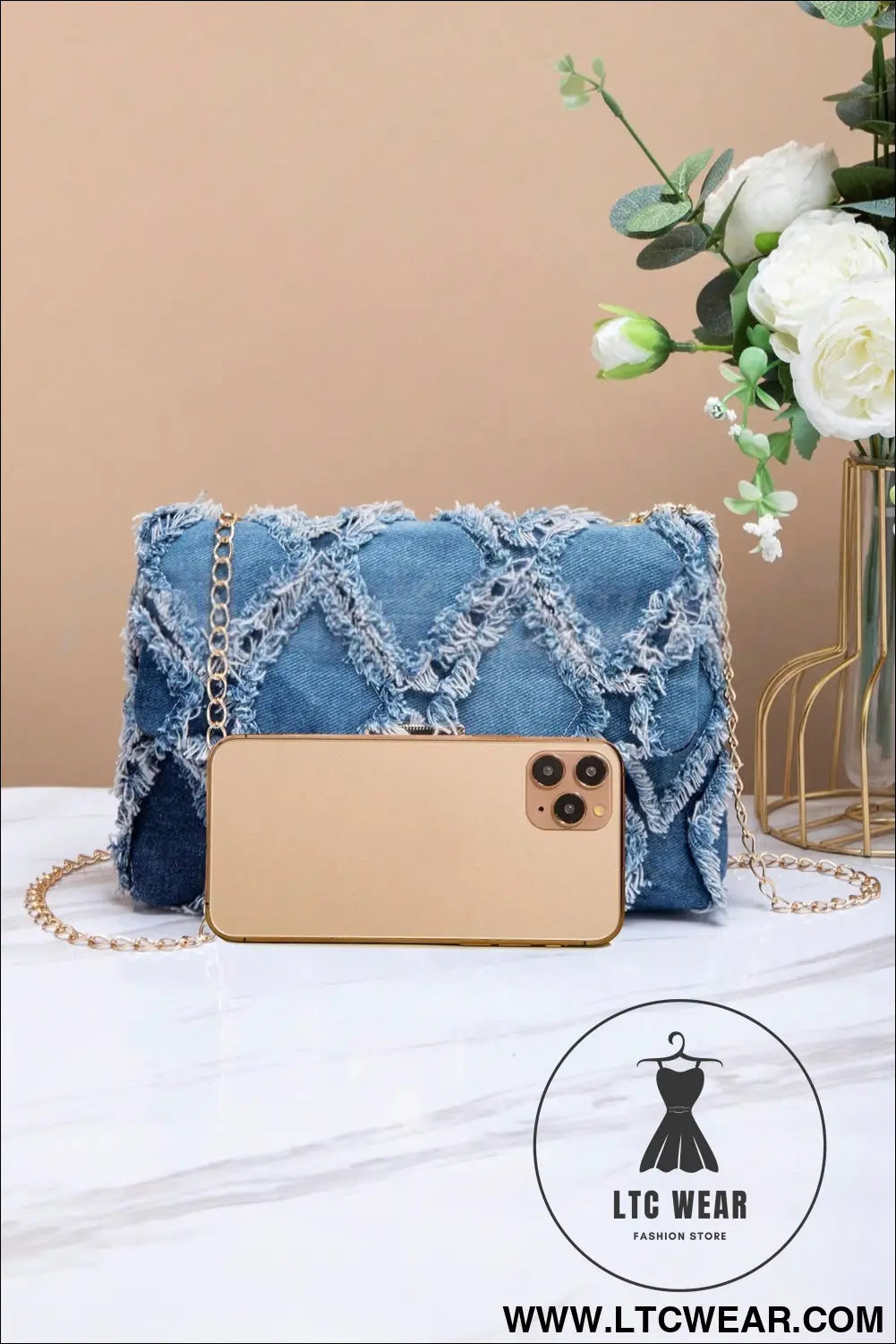 Blue Distressed Lattice Denim Chain Strap Shoulder Bag - L.T.C Wear Online Fashion Store