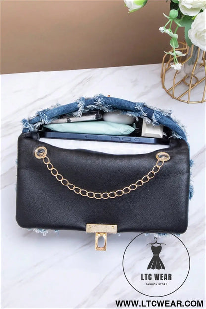 Blue Distressed Lattice Denim Chain Strap Shoulder Bag - L.T.C Wear Online Fashion Store