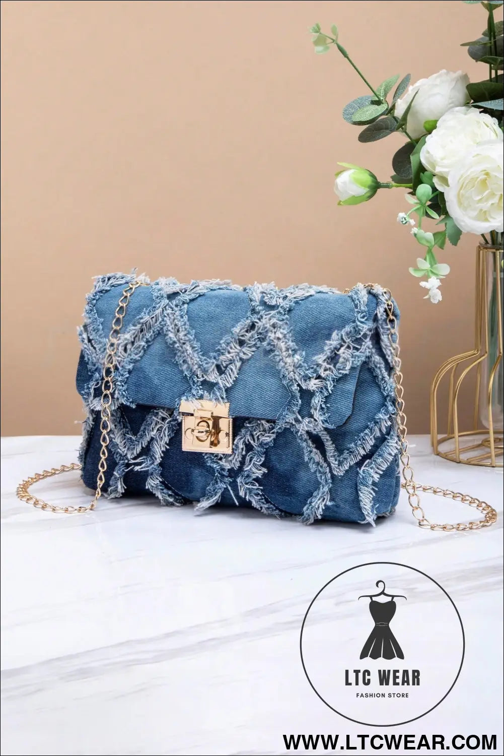 Blue Distressed Lattice Denim Chain Strap Shoulder Bag - L.T.C Wear Online Fashion Store