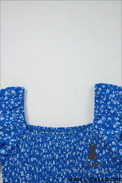 Blue Ditsy Floral Print Smocked Square Neck Ruffle Short Sleeve Dress
