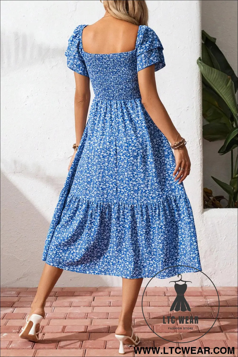 Blue Ditsy Floral Print Smocked Square Neck Ruffle Short Sleeve Dress