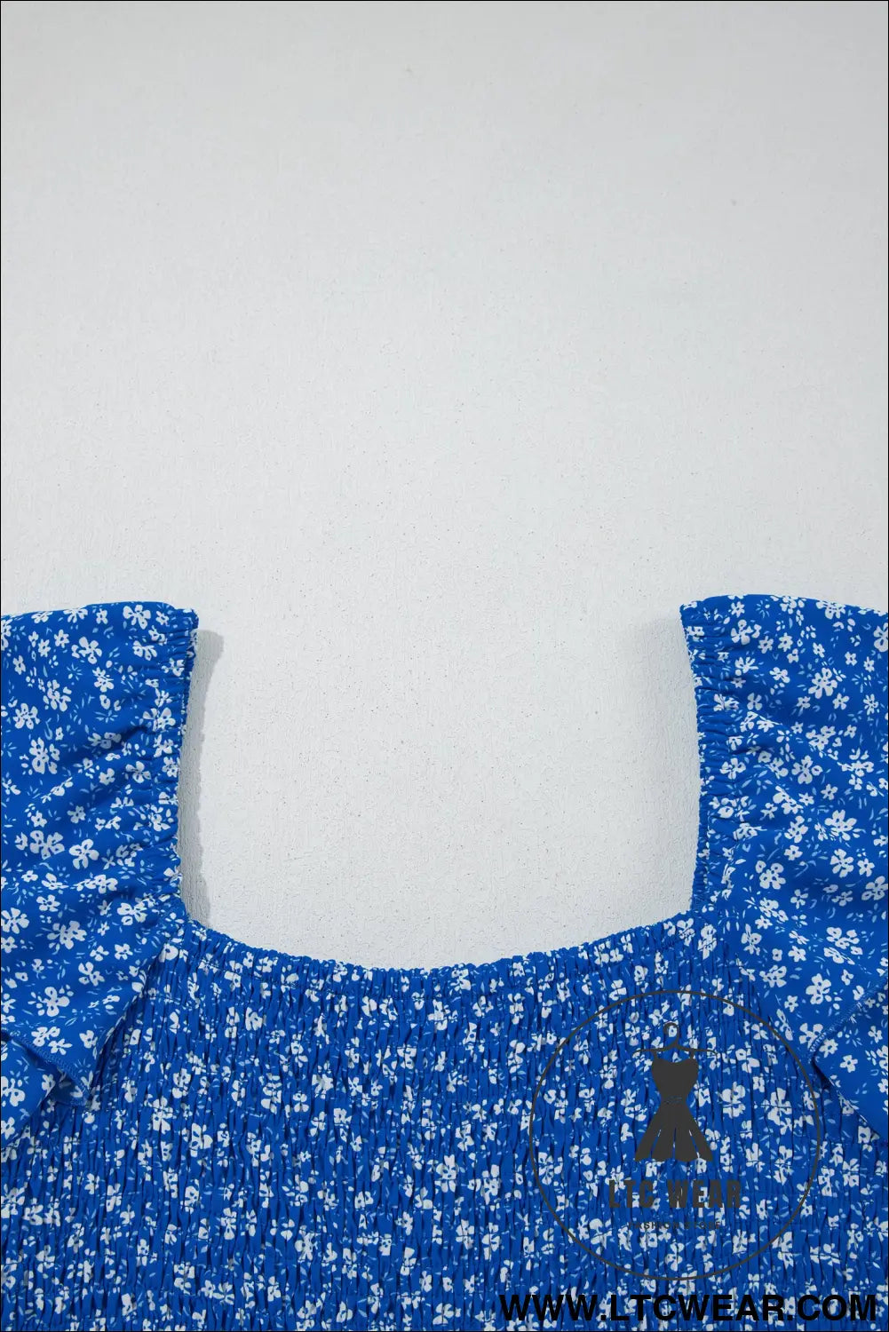 Blue Ditsy Floral Print Smocked Square Neck Ruffle Short Sleeve Dress