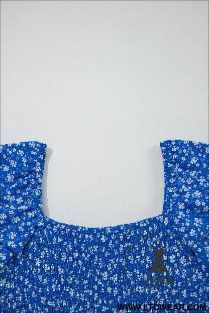 Blue Ditsy Floral Print Smocked Square Neck Ruffle Short Sleeve Dress