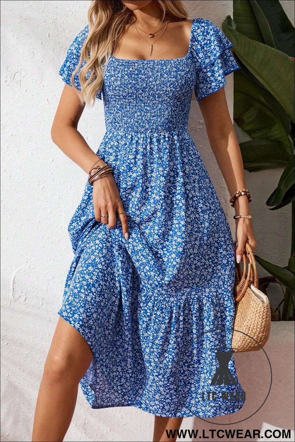 Blue Ditsy Floral Print Smocked Square Neck Ruffle Short Sleeve Dress - L.T.C Wear Online Fashion Store