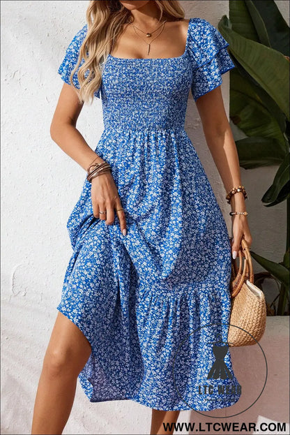 Blue Ditsy Floral Print Smocked Square Neck Ruffle Short Sleeve Dress - L.T.C Wear Online Fashion Store