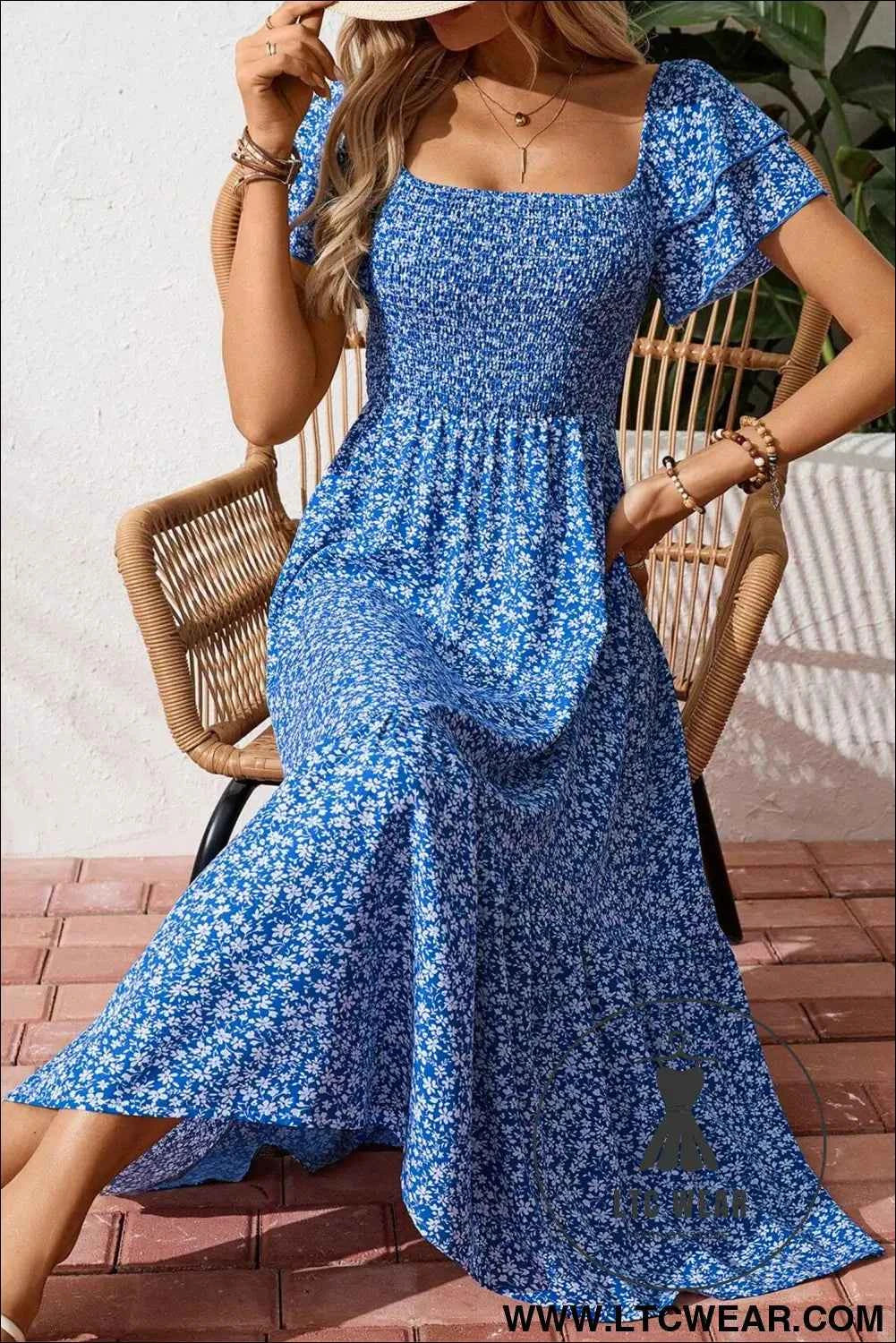 Blue Ditsy Floral Print Smocked Square Neck Ruffle Short Sleeve Dress