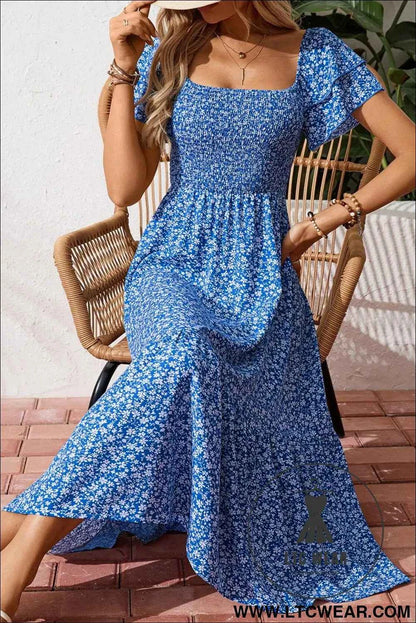 Blue Ditsy Floral Print Smocked Square Neck Ruffle Short Sleeve Dress