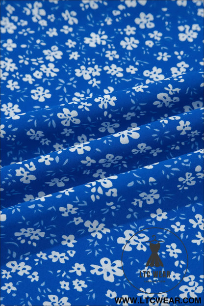 Blue Ditsy Floral Print Smocked Square Neck Ruffle Short Sleeve Dress