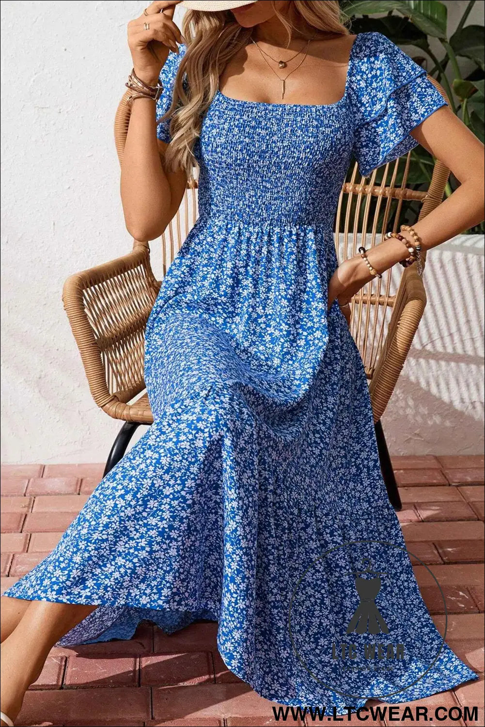 Blue Ditsy Floral Print Smocked Square Neck Ruffle Short Sleeve Dress
