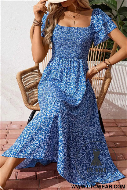 Blue Ditsy Floral Print Smocked Square Neck Ruffle Short Sleeve Dress