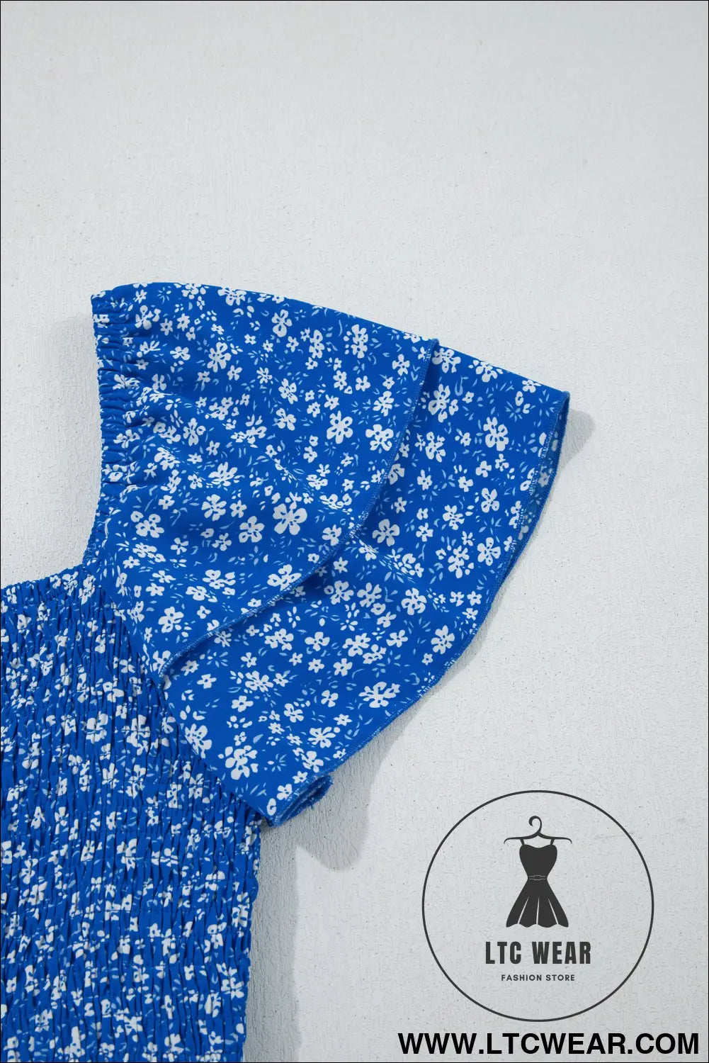 Blue Ditsy Floral Print Smocked Square Neck Ruffle Short Sleeve Dress