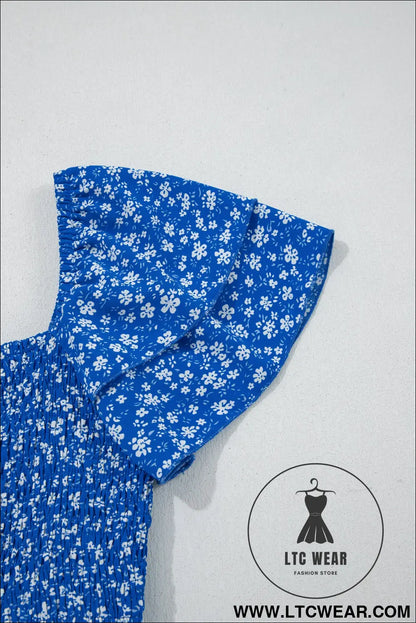 Blue Ditsy Floral Print Smocked Square Neck Ruffle Short Sleeve Dress