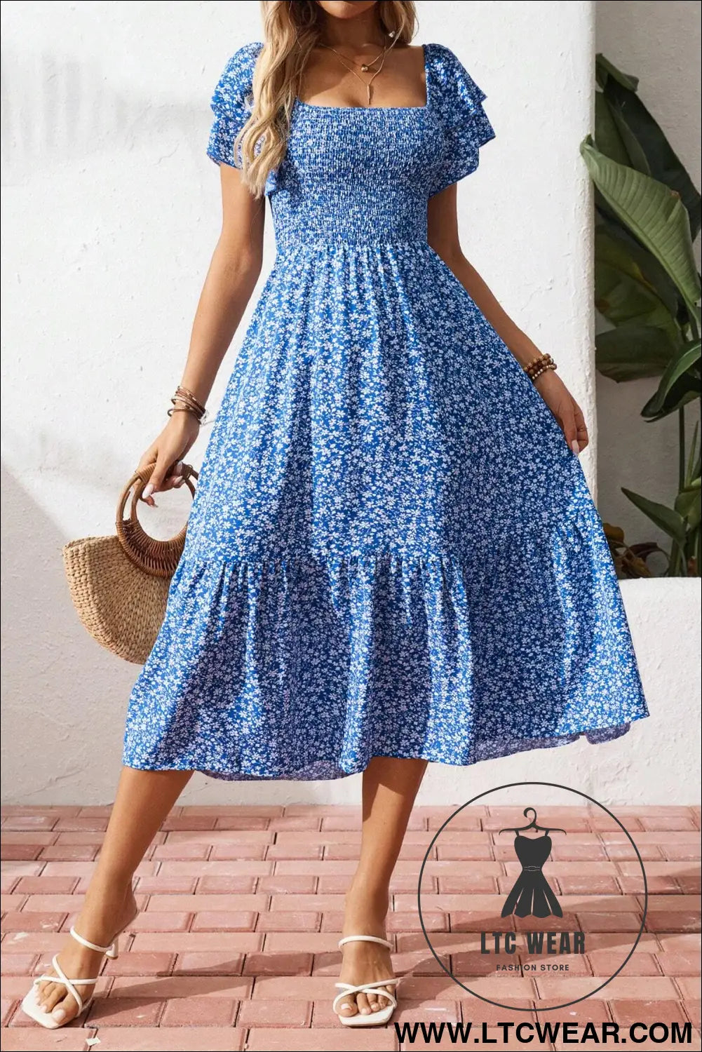 Blue Ditsy Floral Print Smocked Square Neck Ruffle Short Sleeve Dress - L.T.C Wear Online Fashion Store