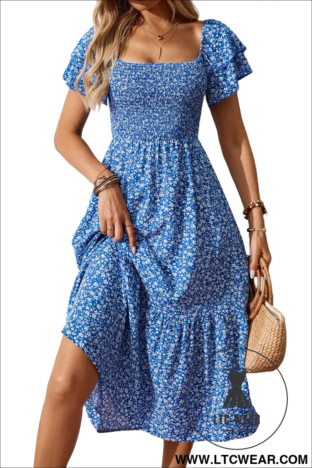 Blue Ditsy Floral Print Smocked Square Neck Ruffle Short Sleeve Dress - L.T.C Wear Online Fashion Store