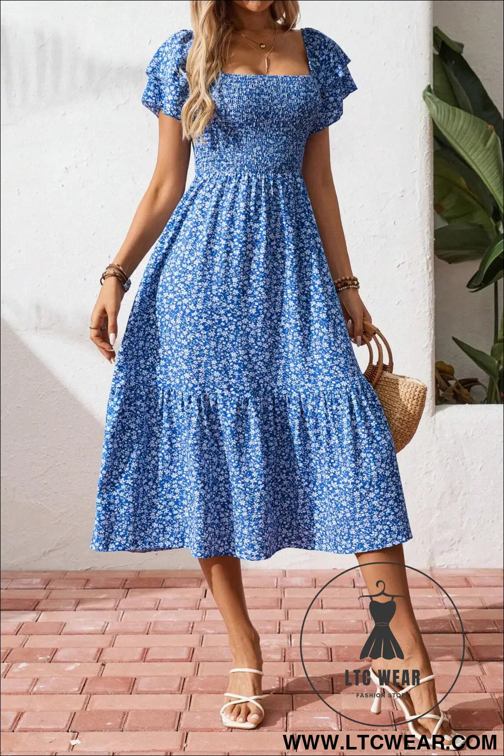 Blue Ditsy Floral Print Smocked Square Neck Ruffle Short Sleeve Dress - L.T.C Wear Online Fashion Store