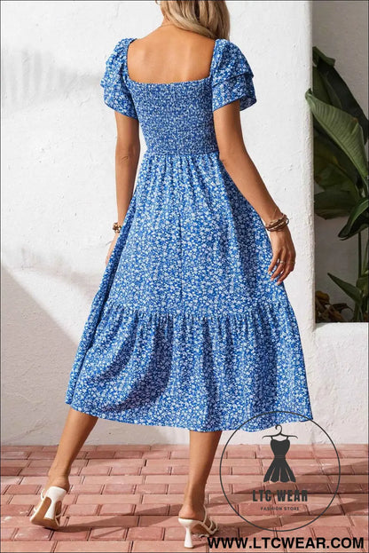 Blue Ditsy Floral Print Smocked Square Neck Ruffle Short Sleeve Dress