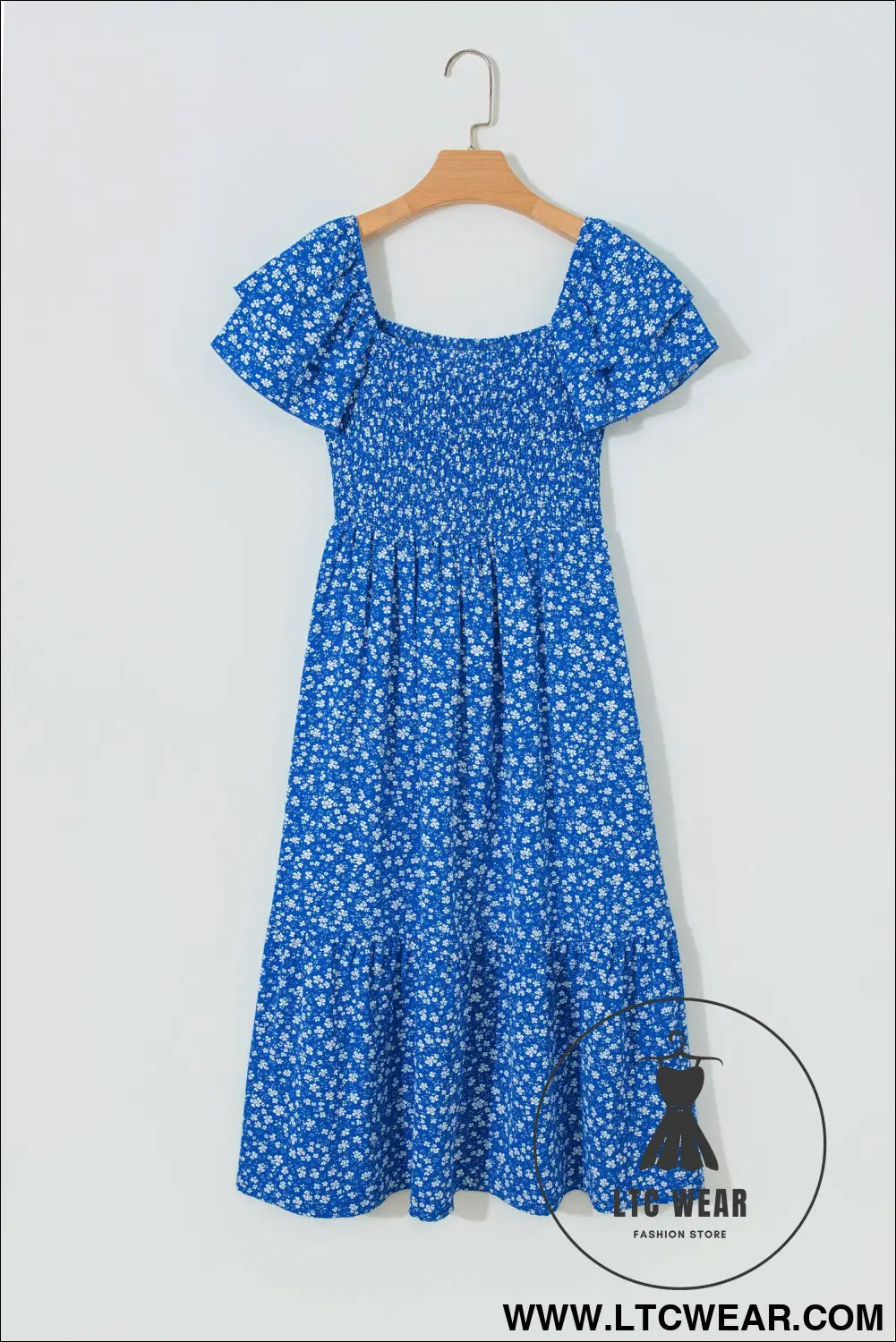 Blue Ditsy Floral Print Smocked Square Neck Ruffle Short Sleeve Dress