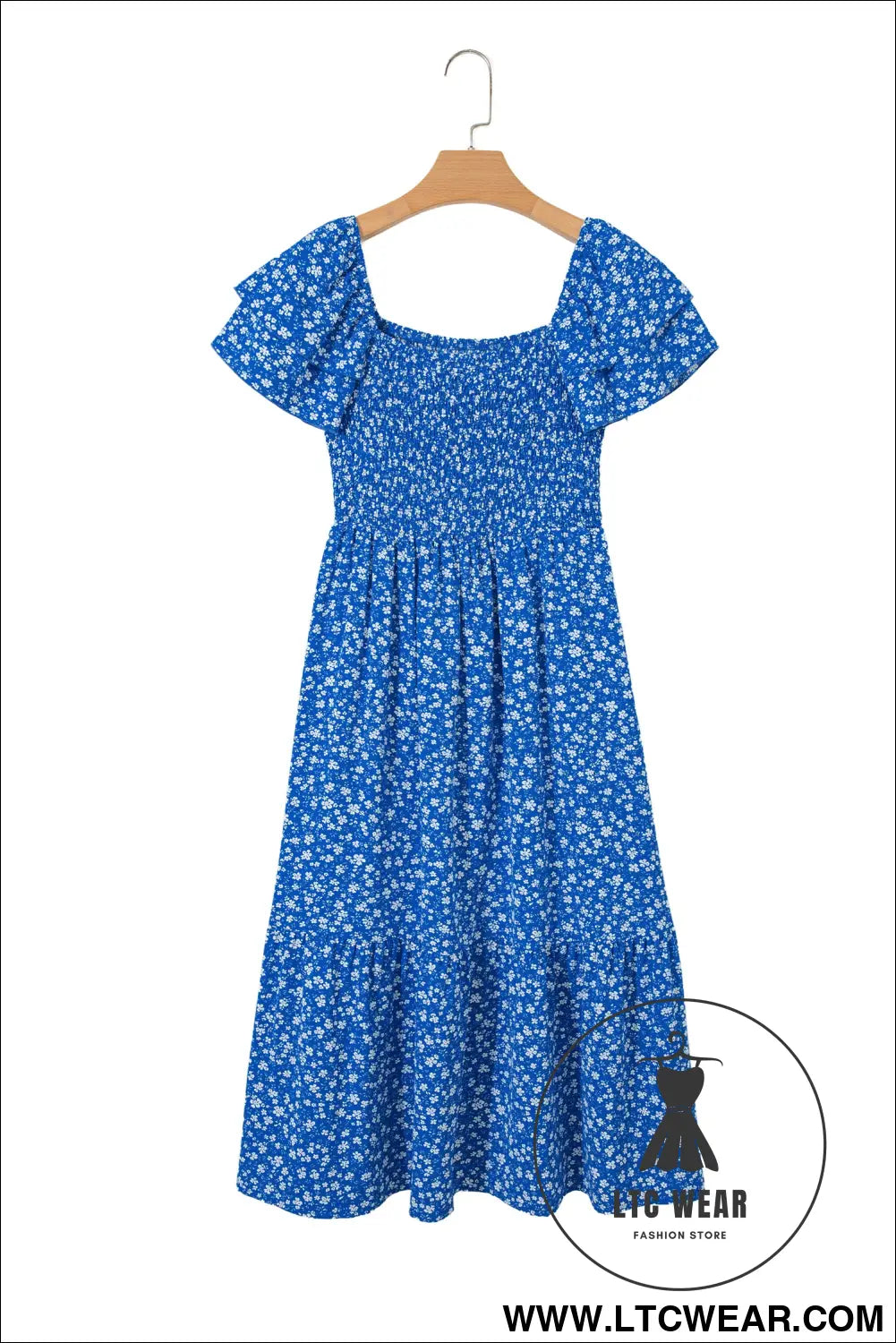 Blue Ditsy Floral Print Smocked Square Neck Ruffle Short Sleeve Dress