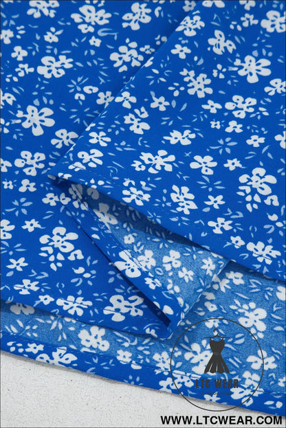 Blue Ditsy Floral Print Smocked Square Neck Ruffle Short Sleeve Dress