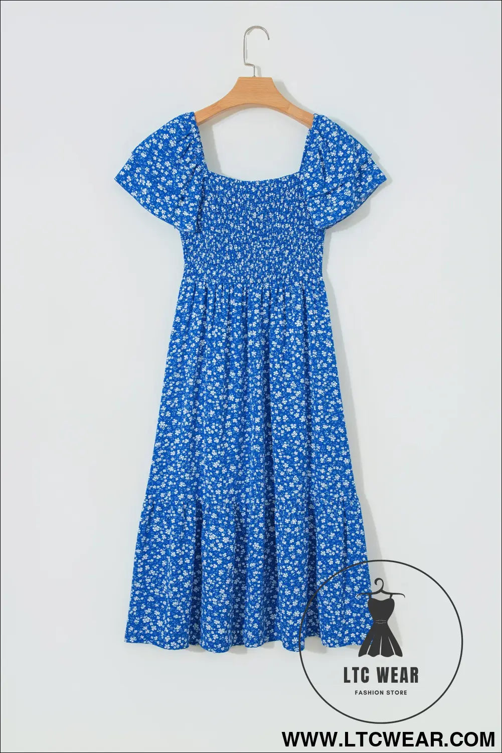 Blue Ditsy Floral Print Smocked Square Neck Ruffle Short Sleeve Dress
