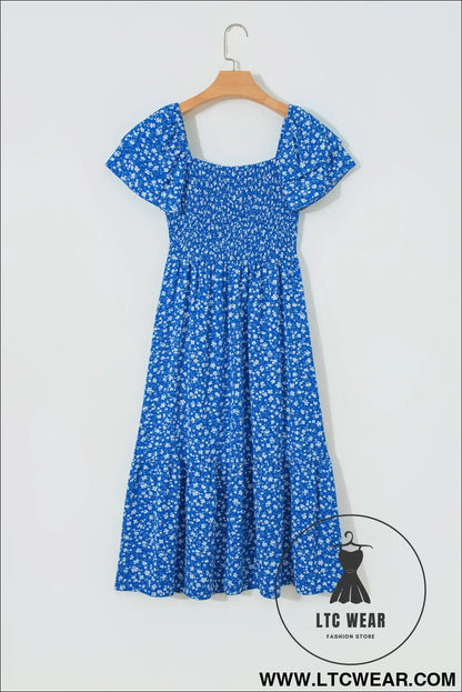Blue Ditsy Floral Print Smocked Square Neck Ruffle Short Sleeve Dress