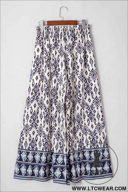 Blue Ethnic Print High Waist Wide Leg Loose Pants