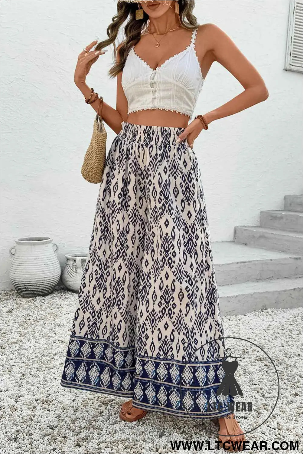 Blue Ethnic Print High Waist Wide Leg Loose Pants