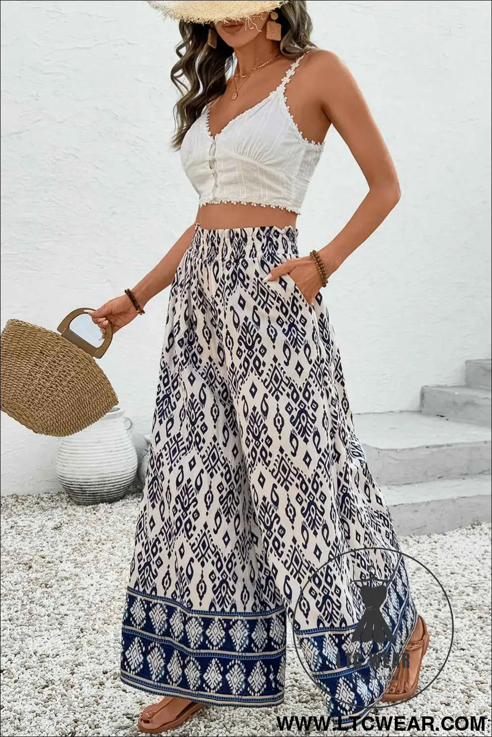 Blue Ethnic Print High Waist Wide Leg Loose Pants
