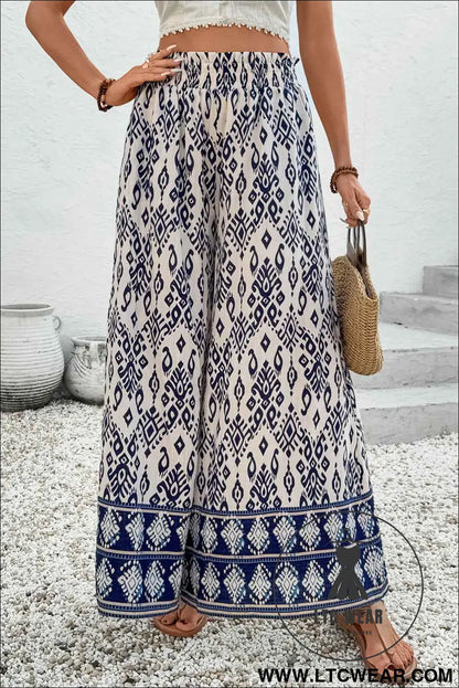 Blue Ethnic Print High Waist Wide Leg Loose Pants