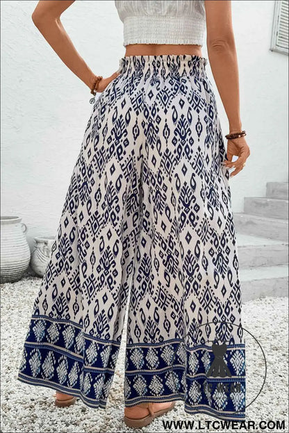 Blue Ethnic Print High Waist Wide Leg Loose Pants