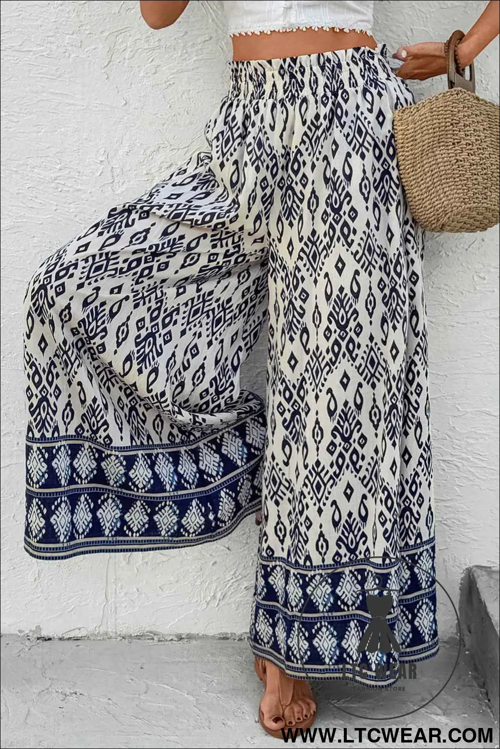 Blue Ethnic Print High Waist Wide Leg Loose Pants