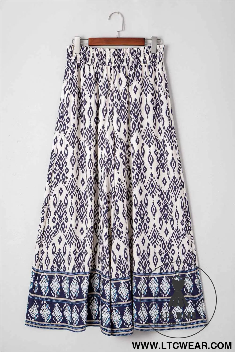 Blue Ethnic Print High Waist Wide Leg Loose Pants